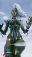 breasts giantess white_hair giga airplane storm dark_skin costume x-men digital_render marvel_comics jessicagts large_breasts blue_eyes cleavage gloves boots clouds thighs mohawk earrings thick_thighs looking_at_tiny bare_legs marvel_rivals