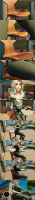 large_breasts long_hair blue_eyes gloves sitting unaware chair thighs outdoors choker catsuit belt looking_behind breasts giantess white_hair comic butt butt_crush mask costume digital_render black_cat spider-man marvel_comics felicia_hardy gabrieltrapyt