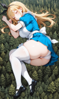 giantess size_difference sleeping large_breasts skirt looking_down forest white_panties alice_in_wonderland trees thick_thighs alice ai_art white_apron black_hairband blonde dress yuegts ambiguously_alice