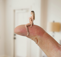 breasts nipples nude blonde long_hair barefoot lips sitting photograph profile blurry from_side solo medium_breasts 1girl depth_of_field full_body blurry_background handheld finger_tip shrunken_woman