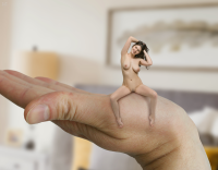 handheld shrunken_woman breasts nipples nude pussy size_difference long_hair brunette small_breasts navel photograph blurry realistic solo_focus medium_breasts 1girl depth_of_field arms_up blurry_background