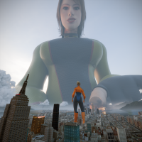 large_breasts destruction water gloves thighs new_york_city empire_state_building looking_at_tiny breasts giantess giga city mega blonde buildings superhero multiple_sizes red_hair boots giantesses costume digital_render high_rise justablenderusername