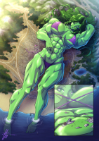 bikini breasts drawing giantess city color swimsuit water green_hair lying_down muscles abs green_skin she-hulk cutaway zerohour99 giga mega large_breasts long_hair destruction beach toes barefoot ocean buildings green_eyes lake debris looking_at_tinies forest mountains marvel_comics