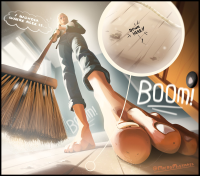 giantess micro feet barefoot unaware broom wings blonde long_hair gloves sitting shrunken_man standing pants english bird indoors point_of_view from_below border solo 1boy letterboxed black_border pillarboxed dutch_angle