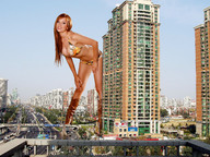 gentle giantess collage city swimsuit cleavage brunette wonderslug boots looking_at_viewer alex_sim_wise