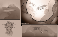 bikini giantess blushing monochrome swimsuit short_hair navel kissing heart lesbians shrunken_woman close_up sepia english 1girl 2girls 3koma micro comic unaware beverage