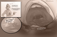 giantess micro vore comic unaware drinking breasts monochrome cleavage ponytail shrunken_woman close_up standing english 1girl