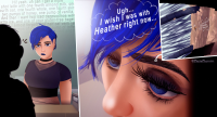 giantess unaware makeup eyebrow_forest eyebrow hair_forest hair micro comic blue_eyes blue_hair lips short_hair shrunken_man close_up open_mouth lipstick english jewelry choker earrings 1boy hetero