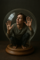 shrunken_man black_hair brunette lips sitting hand dark open_mouth pants indoors shirt waving looking_at_viewer long_sleeves against_glass solo realistic ai_art 1boy full_body male_focus fine_art_parody