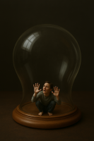 black_hair brunette hand dark pants long_sleeves in_container solo realistic 1boy male_focus ai_art shrunken_man