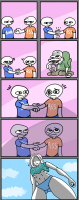 giantess comic weapon shrunken_man cloud standing holding tinies dialogue 4koma 1girl 1boy sweating_profusely