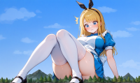 giantess giga size_difference blonde large_breasts blue_eyes skirt dress surprised looking_down forest alice_in_wonderland looking_back trees thick_thighs convenient_censorship alice ai_art white_apron black_hairband yuegts ambiguously_alice