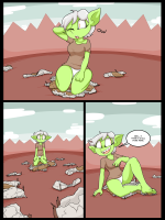 drawing giantess white_hair panties comic color destruction rampage smiling story short_hair sitting kneeling day village outdoors orange_eyes dialogue goblin jj-psychotic green_skin pointed_ears speech_bubble turnip_(jj-psychotic)