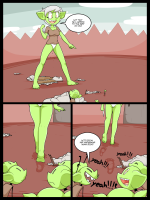 drawing giantess white_hair panties feet comic color destruction rampage smiling story short_hair legs day village walking foot_print standing outdoors orange_eyes dialogue goblin jj-psychotic green_skin pointed_ears cheering speech_bubble turnip_(jj-psychotic)