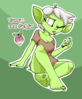 drawing giantess white_hair feet vore color butt handheld butt_crush short_hair sitting foot_crush legs orange_eyes goblin jj-psychotic winking green_skin turnip_(jj-psychotic)