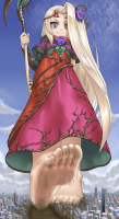 blonde long_hair barefoot buildings soles green_eyes smiling tree dress day rose cloud standing flower outdoors sky ahoge point_of_view from_below looking_at_viewer hair_ornament very_long_hair hair_flower 1girl pov_feet full_body purple_flower drawing giantess crush feet giga city toes dirty_soles viridi kid_icarus miaokong