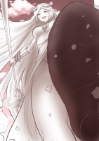 drawing feet upskirt foot_crush looming sketch imminent_crush palutena kid_icarus ourhandsh breasts blushing monochrome large_breasts long_hair smiling gloves dress weapon open_mouth cloud standing holding staff from_below looking_at_viewer tiara bare_shoulders very_long_hair solo medium_breasts 1girl
