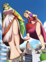 drawing giantess feet city foot_crush imminent_crush viridi palutena kid_icarus charlydibu 2girls breasts blushing blonde large_breasts long_hair crossover barefoot buildings green_eyes smiling green_hair ponytail dress navel hand day sky jewelry hands_on_hips multiple_girls 1boy pelvic_curtain side_slit