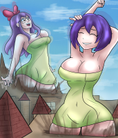 breasts giantess large_breasts long_hair crossover cleavage purple_hair castle smiling short_hair day sky curvy towel snake_girl closed_eyes bare_shoulders wide_hips armpits multiple_girls 2girls arms_up naked_towel