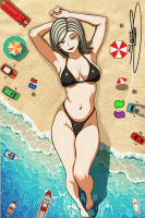 mega large_breasts blue_eyes cleavage lying_down boats vehicles sunbathing fire_truck bikini breasts drawing giantess white_hair color swimsuit beach barefoot water ginormica monsters_vs_aliens susan_murphy dreamworks isaacrp