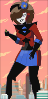 breasts drawing giantess city alien color handheld leviathan dc_comics shrinking_violet nightcore100 fusion colossal_girl growing_violet mega buildings brunette purple_eyes smiling gloves monster costume belt white_skin looking_at_tiny legion_of_superheroes flower_in_hair