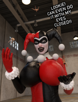 breasts harley_quinn shrunken_man mask costume dialogue dc_comics between_breasts anttiergod juggle nude large_breasts gloves falling indoors closed_eyes digital_render