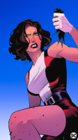 green_eyes angry short_hair costume cape belt no_background looking_at_tiny bare_legs breasts drawing giantess mega color handheld brunette gloves shorts batman doom_patrol dc_comics elasti-girl rita_farr dan_mora