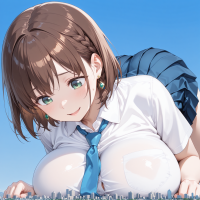 giantess giga size_difference city green_eyes huge_breasts brunette short_hair uniform looking_down sky earrings white_shirt on_stomach necktie ai_art nervous_smile ai-chan tawawa_on_monday side_braid yuegts