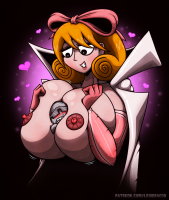 drawing giantess huge_breasts mini_giantess shrunken_man looking_down senran_kagura alternate_version anon between_breasts haruka_(senran_kagura) kernaalitanuli breasts nipples nude teeth ribbon smiling lips heart lipstick bow hair_ribbon hair_bow looking_at_viewer orange_hair makeup areolae solo gigantic_breasts 1girl lewdbacon heart_hands blush_stickers large_areolae