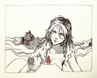 giantess breasts nude monochrome long_hair lips shrunken_woman photograph looking_at_viewer wavy_hair mole closed_mouth parted_lips messy_hair border solo upper_body hair_between_eyes traditional_media ashpwright