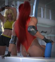 blonde long_hair blue_eyes sweat gloves red_hair navel shorts dark_skin athletic indoors black_gloves mirror sports_bra locker_room blurry gym armpits bare_midriff locker multiple_girls bike_shorts casuallycruelgts 2girls blurry_background giantess shrunken_man rwby yang_xiao_long pyrrha_nikos pyrrha