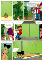 breasts nude blushing comic black_hair barefoot glasses purple_hair sweat short_hair pants english indoors futurama shirt closed_eyes pointed_ears multiple_girls multiple_boys 2boys asian ponytail gowth leela undressing amy_wong philip_j_fry antonissen