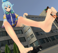 giantess feet city long_hair destruction blue_eyes toes barefoot skirt buildings soles blue_hair smiling dress boots sitting legs day vehicles outdoors sky from_below long_legs no_panties foreshortening bare_legs aqua_(konosuba) spread_toes solo 1girl pov_feet motor_vehicle foot_squish