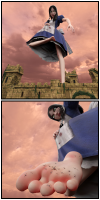 breasts giantess comic black_hair barefoot castle dress foot_crush alice_in_wonderland stuck_to_foot digital_render looking_at_tinies evergrowingwaifus toes green_eyes madness_returns bare_legs alice