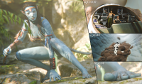 micro toes spaceship red_hair crouching tattoo dreadlocks toejam breasts tail alien black_hair blue_skin navi shrunken_woman shrunken_man avatar knife digital_render cutaway psyshack3d unaware between_toes stuck