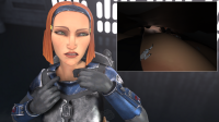 breasts armor green_eyes gloves red_hair short_hair star_wars shrunken_man indoors point_of_view belt hairband helmet looking_at_tiny digital_render mandalorian bo_katan bakedalaskabigs cleavage bra dropped jet_pack stormtrooper cutaway clothing_entrapment on_breasts
