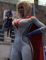 breasts city blonde large_breasts cleavage gloves harley_quinn shrunken_woman costume cape power_girl digital_render caddyisraddy short_hair boots twintails pants thighs belt hands_on_hips zipper looking_at_tiny dc_comics