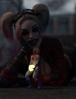 dc_comics lying_down boots twintails goggles looking_at_tiny kryptonite breasts city blonde large_breasts cleavage gloves harley_quinn shrunken_woman costume cape power_girl digital_render caddyisraddy