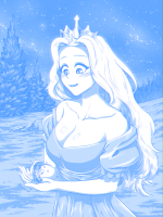 breasts blushing monochrome large_breasts long_hair beach cleavage smiling dress crown open_mouth night outdoors sky looking_at_viewer tiara bare_shoulders short_sleeves shygts blue_theme collarbone star_(sky) off_shoulder cowboy_shot giantess slay_the_princess slaytheprincess