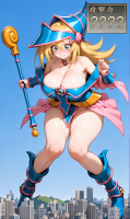 giantess giga size_difference city blonde large_breasts cleavage green_eyes embarrassed looking_down sky staff nervous dark_magician_girl wizard_hat thick_thighs ai_art yuegts black_magician_girl yu-gi-oh!