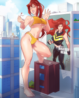 bikini breasts drawing giantess city mega color large_breasts long_hair swimsuit handheld cleavage buildings green_eyes gloves red_hair ponytail pants top angelgts mary_jane spider-man marvel_comics the_wasp bare_midriff earth_20052 toes barefoot street wave advertisement thighs fist costume new_york_city winking looking_at_tinies skyscraper
