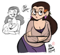 breasts panties large_breasts long_hair butt bra skirt glasses shrunken_man sketch open_mouth english sweater jewelry earrings looking_at_viewer hair_ornament solo plump 1girl multiple_views cropped_legs spunkbug