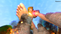 breasts giantess feet blonde destruction blue_eyes toes barefoot soles short_hair fire day jewelry from_below scales digital_render medium_breasts 1girl arcticchilifries