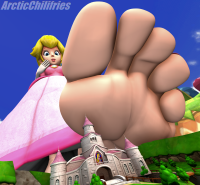 giantess feet blonde blue_eyes toes princess_peach soles shoes lips gloves day crown pink_dress jewelry point_of_view earrings elbow_gloves makeup white_gloves digital_render solo 1girl ground_vehicle arcticchilifries puckered_lips
