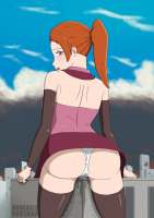 giantess panties blushing masturbation city upskirt color butt cum destruction buildings crotch_rub red_hair pink_eyes day animation thighs outdoors sky looking_back rear_view adorablebastard