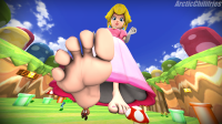 giantess blonde blue_eyes barefoot princess_peach soles shoes castle smiling gloves dress mushroom day crown cloud sky hat pink_dress jewelry earrings elbow_gloves white_gloves digital_render 1girl gameplay_mechanics