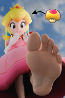 giantess feet furry blonde long_hair toes barefoot princess_peach soles smiling lips gloves dress sitting black_eyes day crown pink_dress jewelry nail_polish point_of_view earrings looking_at_viewer elbow_gloves solo 1girl pov_feet dwighteisenhower