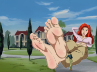 giantess feet city long_hair toes barefoot soles green_eyes red_hair day cloud dirty houses sky nail_polish foreshortening solo 1girl pov_feet frosttornado shrunken_man