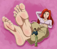 breasts giantess feet blushing long_hair blue_eyes toes barefoot soles green_eyes jeans red_hair sitting shrunken_man pants red_nails toenails denim green_nails pink_background solo toe_scrunch 1girl pov_feet frosttornado
