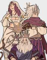 breasts giantess long_hair armor smiling holding jewelry grey_hair closed_eyes hood dark_souls scarf circlet 1girl multiple_boys 2boys gwynevere_princess_of_sunlight the-gwynkids
